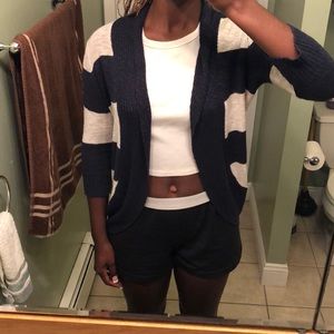 A blue and white striped cardigan